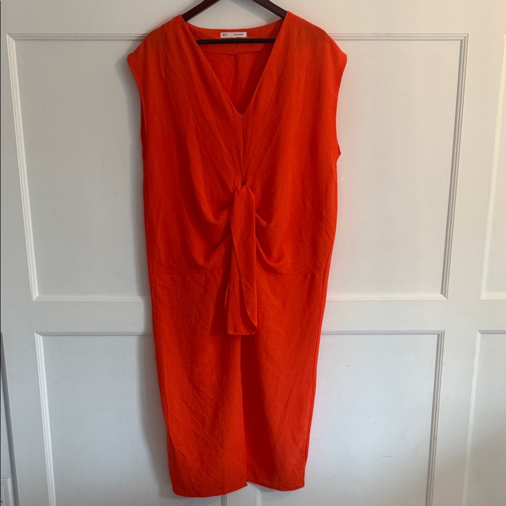 Vibrant Orange Midi Dress with Knot Detail